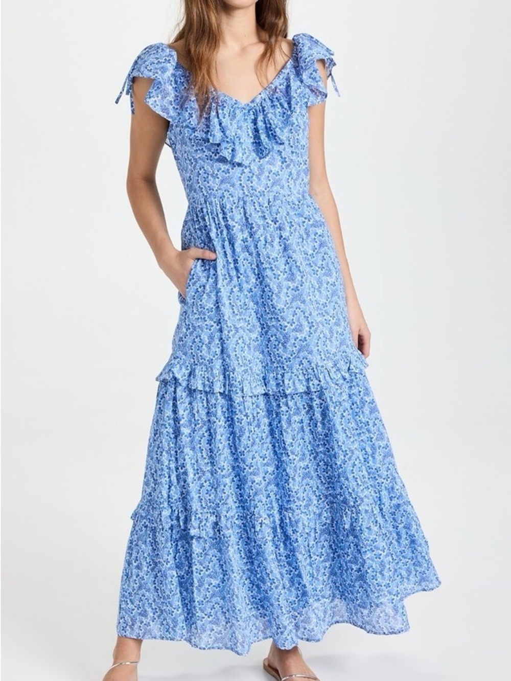 Banjanan Twiggy Maxi Dress Light Blue Floral Flowy Cotton Ruffle Size Medium